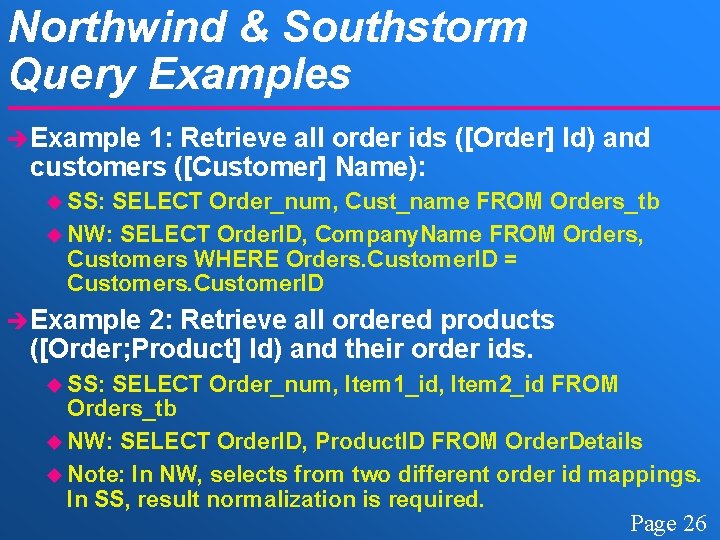 Northwind & Southstorm Query Examples è Example 1: Retrieve all order ids ([Order] Id)