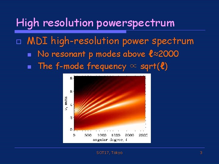 High resolution powerspectrum o MDI high-resolution power spectrum n n No resonant p modes