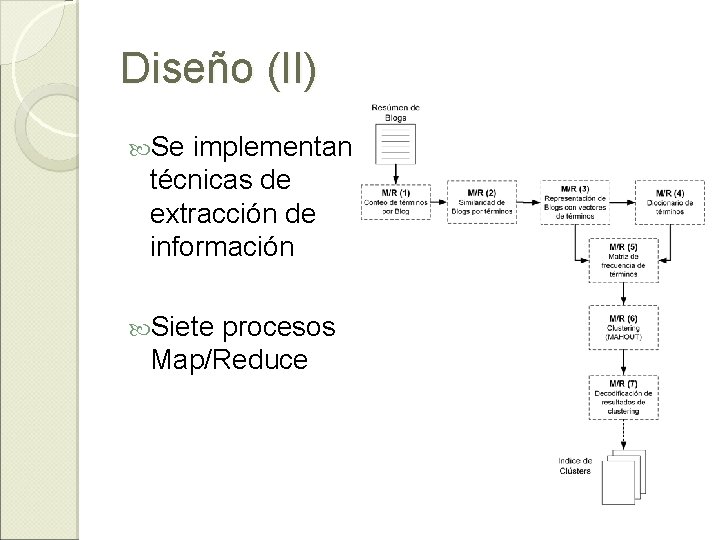 Diseño (II) Se implementan técnicas de extracción de información Siete procesos Map/Reduce 