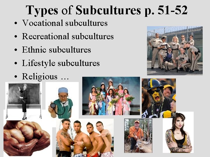 Types of Subcultures p. 51 -52 • • • Vocational subcultures Recreational subcultures Ethnic