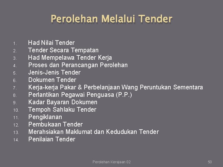 Perolehan Melalui Tender 1. 2. 3. 4. 5. 6. 7. 8. 9. 10. 11. Perolehan Melalui Tender 1. 2. 3. 4. 5. 6. 7. 8. 9. 10. 11.