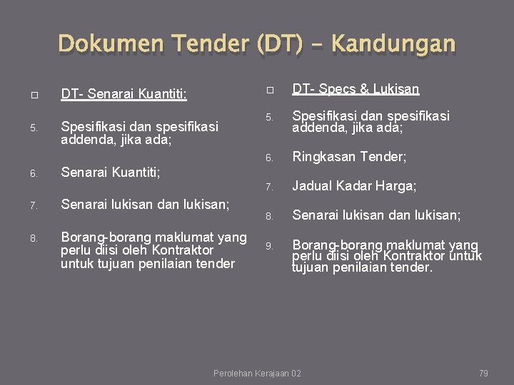 Dokumen Tender (DT) - Kandungan DT- Senarai Kuantiti: 5. Spesifikasi dan spesifikasi addenda, jika