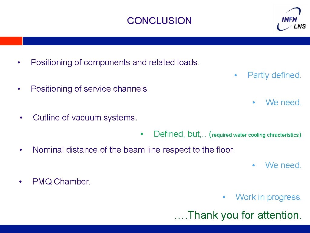 CONCLUSION • Positioning of components and related loads. • • Partly defined. Positioning of