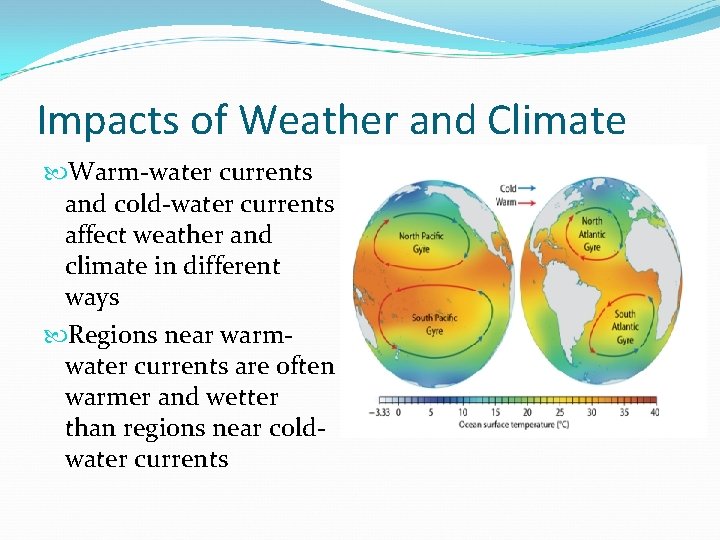 Impacts of Weather and Climate Warm-water currents and cold-water currents affect weather and climate