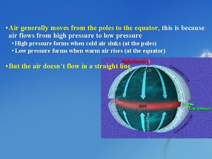  • Air generally moves from the poles to the equator, this is because