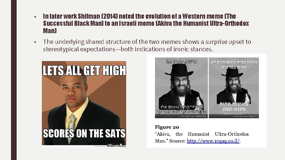 ■ In later work Shifman (2014) noted the evolution of a Western meme (The