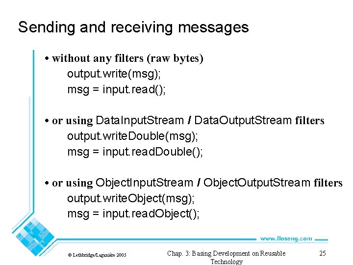 Sending and receiving messages • without any filters (raw bytes) output. write(msg); msg =