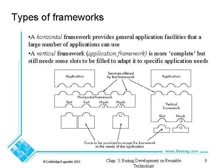 Types of frameworks • A horizontal framework provides general application facilities that a large