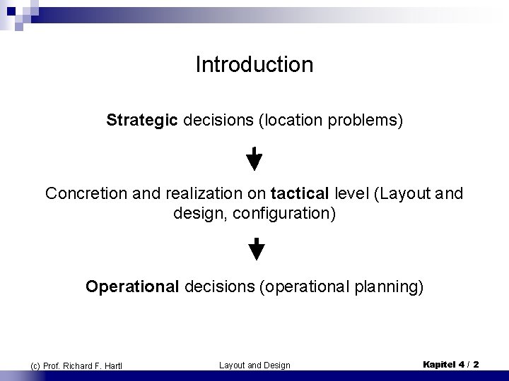 Introduction Strategic decisions (location problems) Concretion and realization on tactical level (Layout and design,