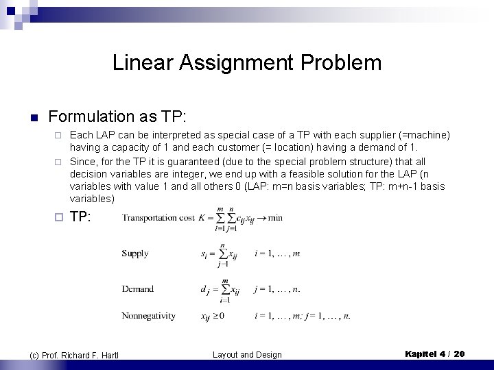 Linear Assignment Problem n Formulation as TP: Each LAP can be interpreted as special Linear Assignment Problem n Formulation as TP: Each LAP can be interpreted as special