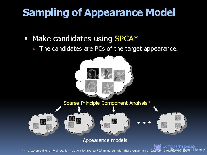 Sampling of Appearance Model Make candidates using SPCA* The candidates are PCs of the