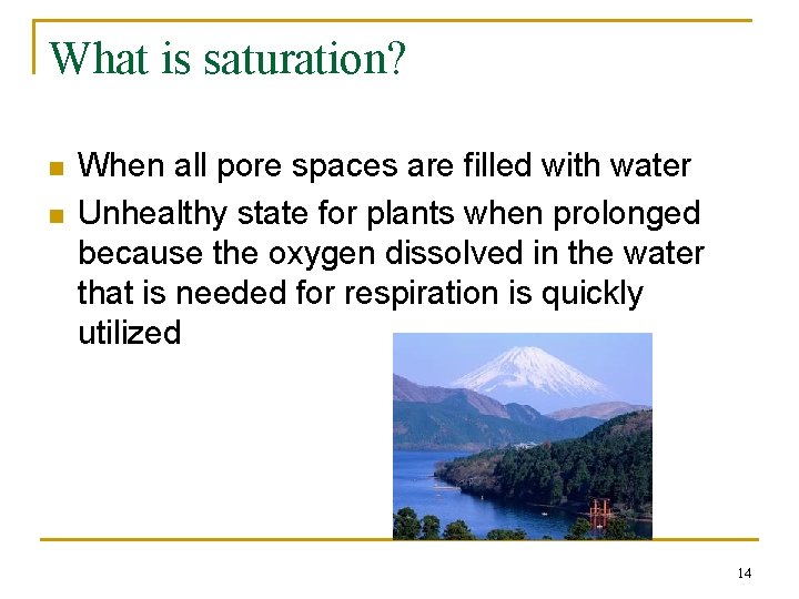 What is saturation? n n When all pore spaces are filled with water Unhealthy