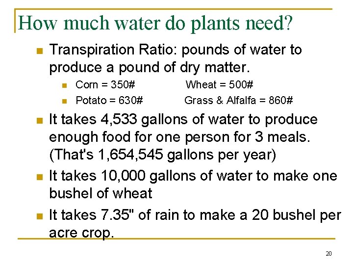 How much water do plants need? n Transpiration Ratio: pounds of water to produce