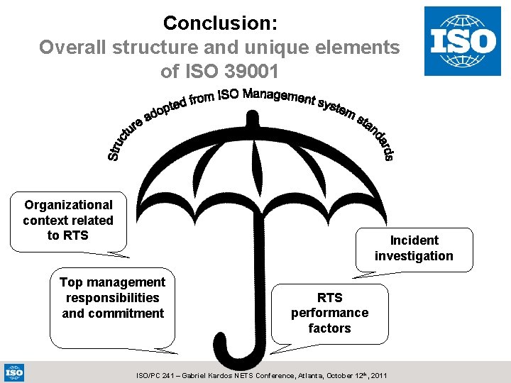 Conclusion: Overall structure and unique elements of ISO 39001 Organizational context related to RTS