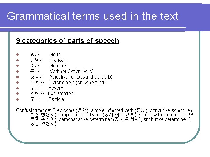 Grammatical terms used in the text 9 categories of parts of speech l l