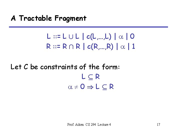 A Tractable Fragment L : : = L [ L | c(L, …, L)