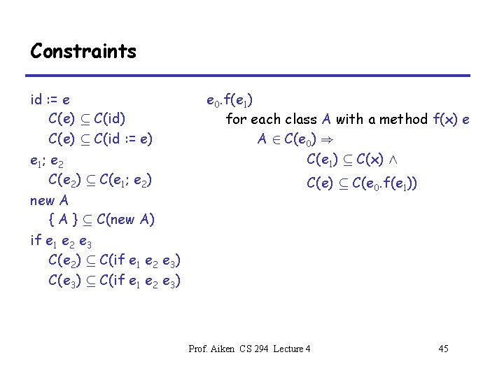 Constraints id : = e C(e) µ C(id) C(e) µ C(id : = e)