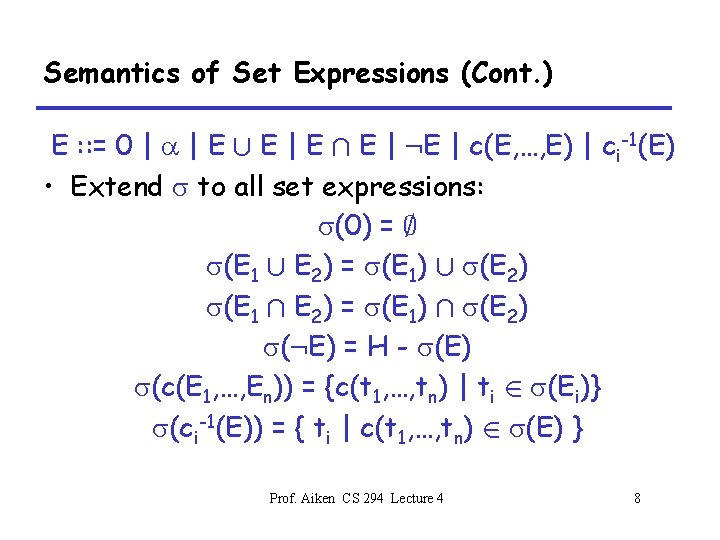 Semantics of Set Expressions (Cont. ) E : : = 0 | a |
