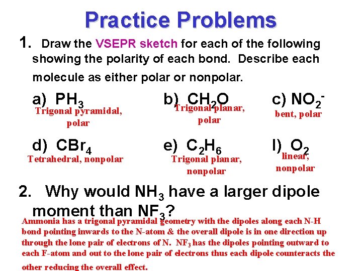 1. Practice Problems Draw the VSEPR sketch for each of the following showing the