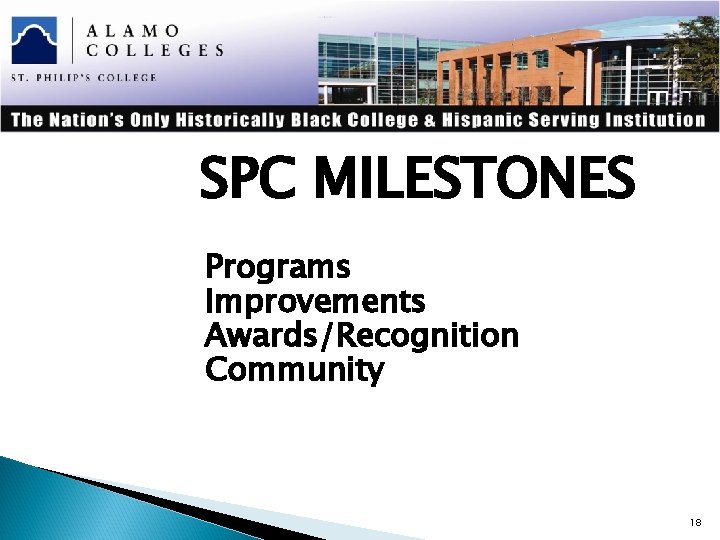 SPC MILESTONES Programs Improvements Awards/Recognition Community 18 