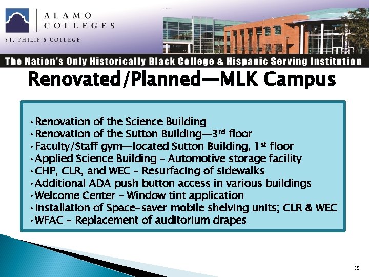 Renovated/Planned—MLK Campus • Renovation of the Science Building • Renovation of the Sutton Building—