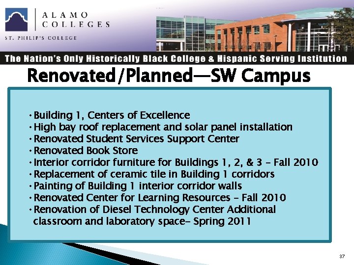 Renovated/Planned—SW Campus • Building 1, Centers of Excellence • High bay roof replacement and