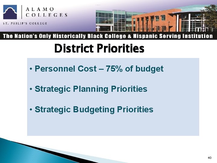 District Priorities • Personnel Cost – 75% of budget • Strategic Planning Priorities •