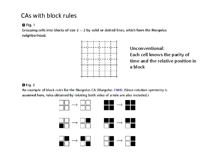 CAs with block rules Unconventional: Each cell knows the parity of time and the