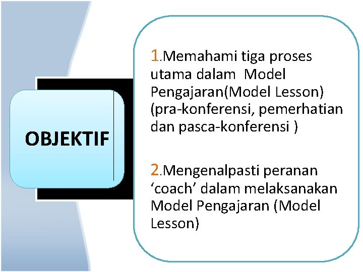 1. Memahami tiga proses OBJEKTIF utama dalam Model Pengajaran(Model Lesson) (pra-konferensi, pemerhatian dan pasca-konferensi
