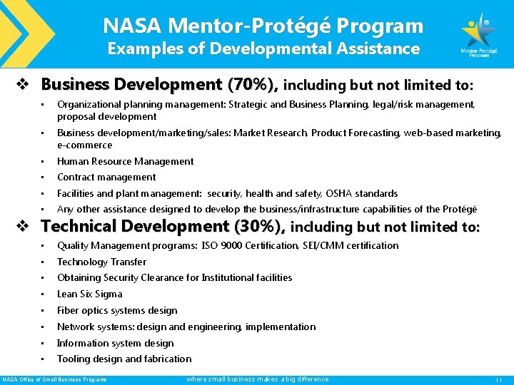 NASA Mentor-Protégé Program Examples of Developmental Assistance v Business Development (70%), including but not