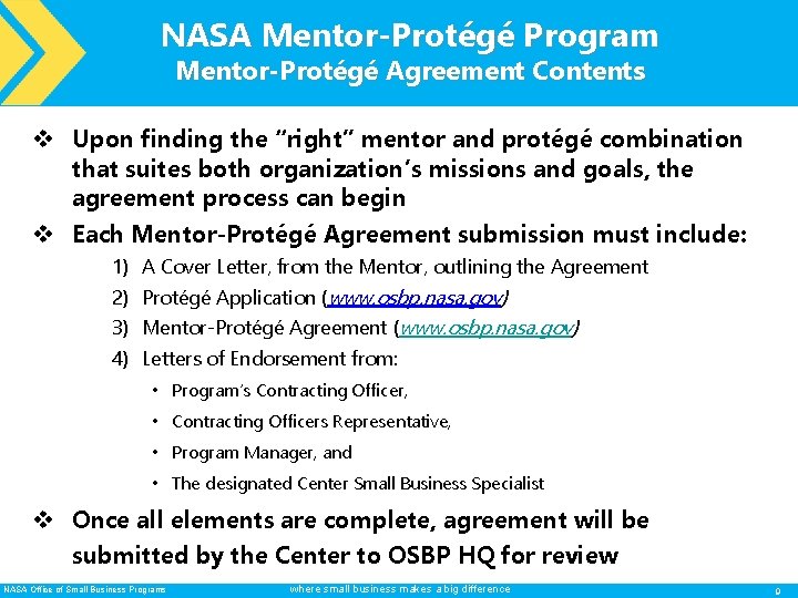 NASA Mentor-Protégé Program Mentor-Protégé Agreement Contents v Upon finding the “right” mentor and protégé