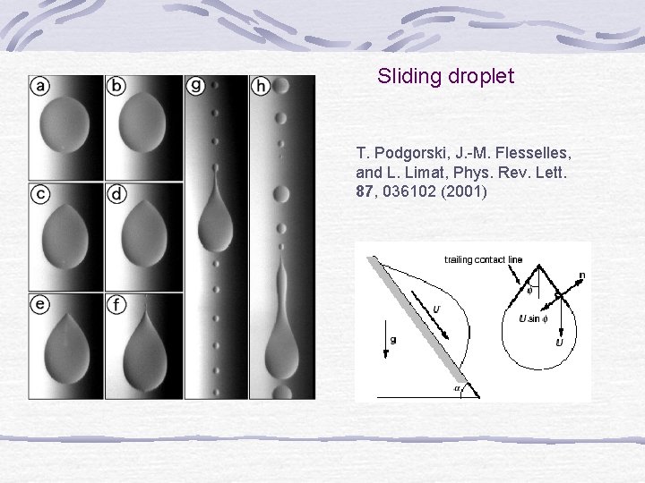 Sliding droplet T. Podgorski, J. -M. Flesselles, and L. Limat, Phys. Rev. Lett. 87,