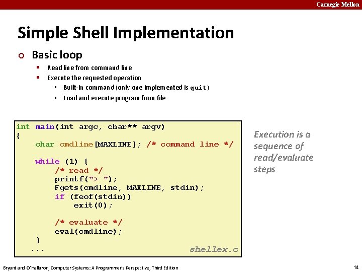 Carnegie Mellon Simple Shell Implementation ¢ Basic loop § Read line from command line