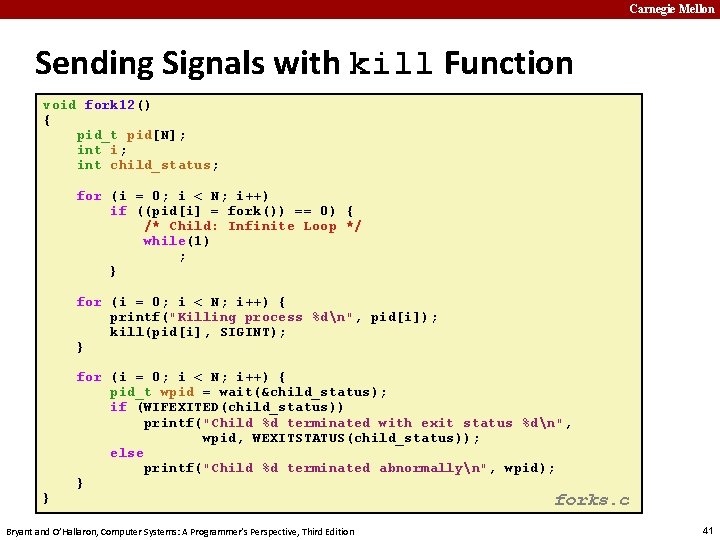 Carnegie Mellon Sending Signals with kill Function void fork 12() { pid_t pid[N]; int