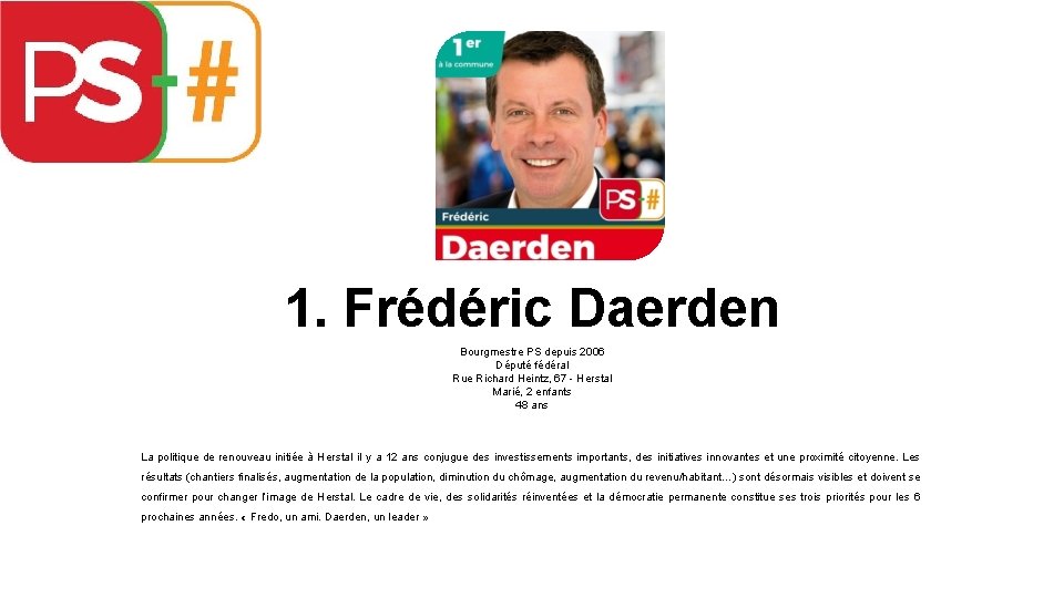 1. Frédéric Daerden Bourgmestre PS depuis 2006 Député fédéral Rue Richard Heintz, 67 -