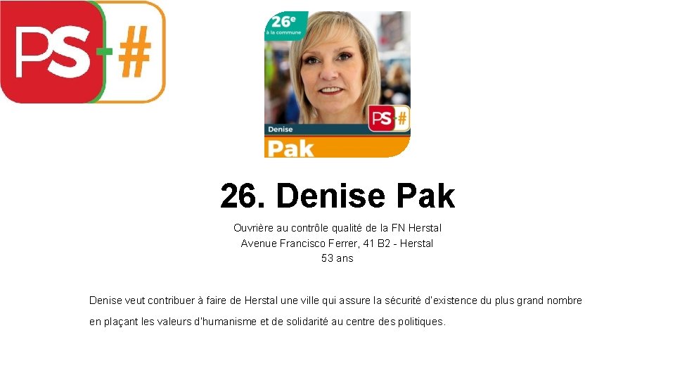 26. Denise Pak Ouvrière au contrôle qualité de la FN Herstal Avenue Francisco Ferrer,