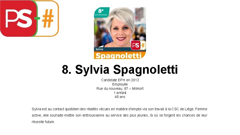 8. Sylvia Spagnoletti Candidate EPH en 2012 Employée Rue du nouveau, 87 – Milmort