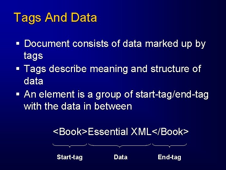 Tags And Data § Document consists of data marked up by tags § Tags