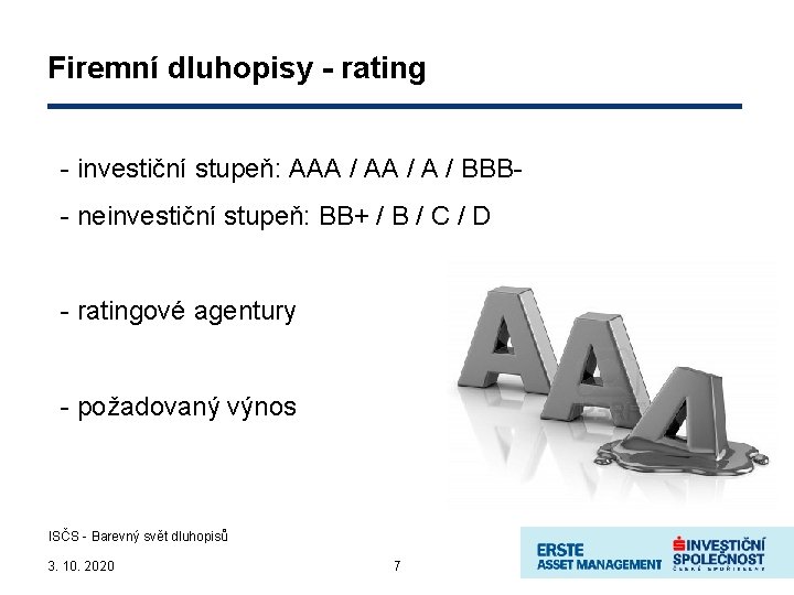 Firemní dluhopisy - rating - investiční stupeň: AAA / A / BBB- neinvestiční stupeň: