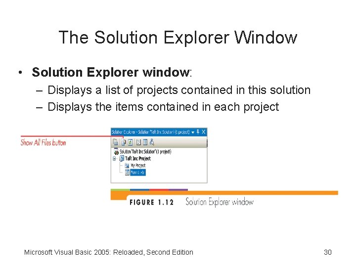 The Solution Explorer Window • Solution Explorer window: – Displays a list of projects
