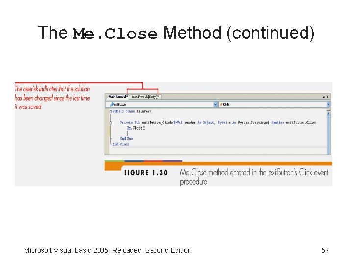 The Me. Close Method (continued) Microsoft Visual Basic 2005: Reloaded, Second Edition 57 