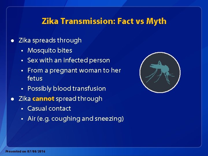 Zika Transmission: Fact vs Myth l l Zika spreads through § Mosquito bites §