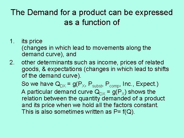 The Demand for a product can be expressed as a function of 1. 2.