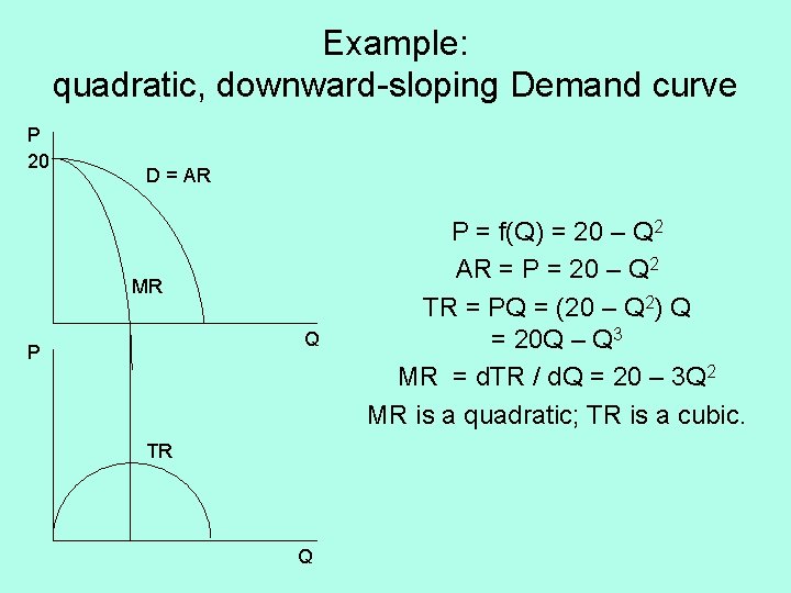 Example: quadratic, downward-sloping Demand curve P 20 D = AR MR Q P TR