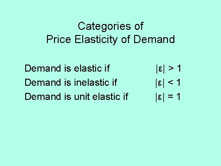 Categories of Price Elasticity of Demand is elastic if Demand is inelastic if Demand