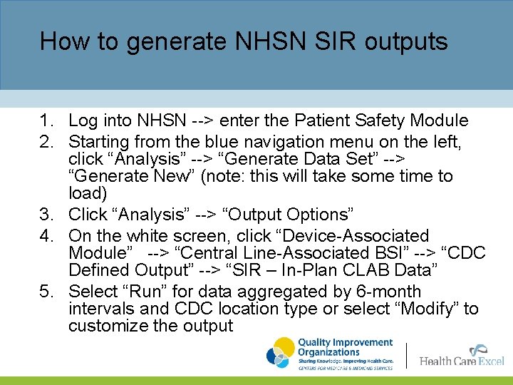 How to generate NHSN SIR outputs 1. Log into NHSN --> enter the Patient
