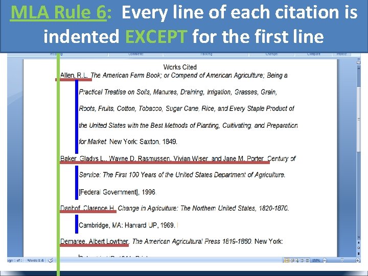 MLA Rule 6: Every line of each citation is indented EXCEPT for the first
