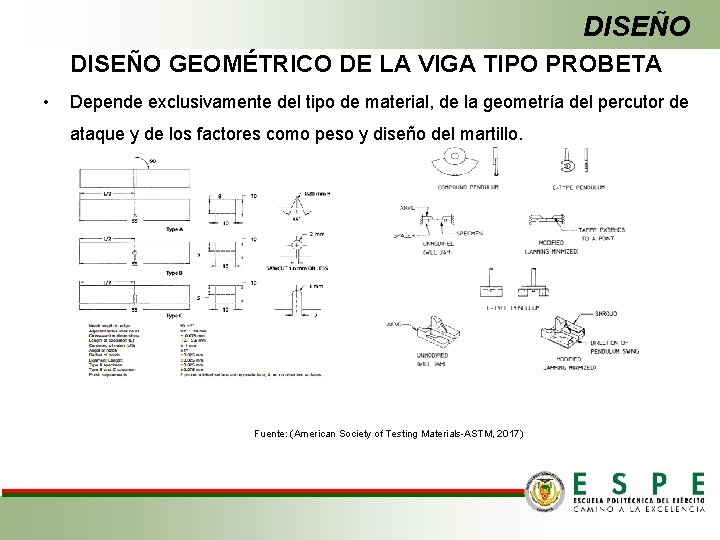 DISEÑO GEOMÉTRICO DE LA VIGA TIPO PROBETA • Depende exclusivamente del tipo de material,