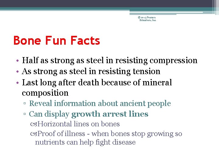 © 2013 Pearson Education, Inc. Bone Fun Facts • Half as strong as steel