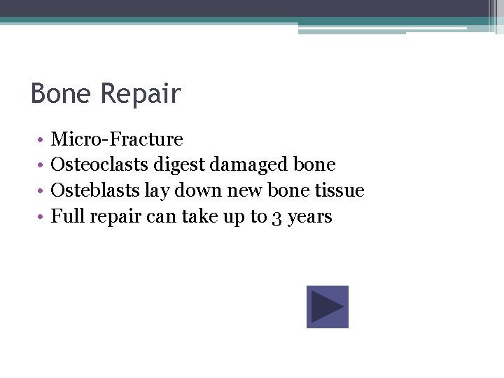 Bone Repair • • Micro-Fracture Osteoclasts digest damaged bone Osteblasts lay down new bone